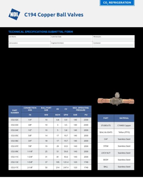 C194 Copper Ball Valves Technical Specifications Submittal Form | NDL ...